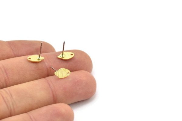 Brass Leaf Earring, 12 Textured Raw Brass Tiny Leaf Shaped Stud Earrings With 1 Hole (10x6x0.80mm) M03326 A2877 For Discount - Image 3