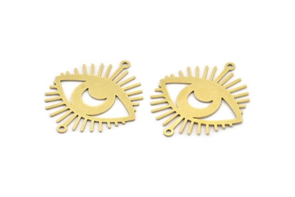 Brass Eye Charm, 6 Raw Brass Crescent Moon Patterned Eye Shaped Charms With 2 Loops, Connectors (34x30x0.60mm) A3493 Online - Image 2