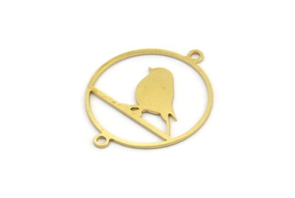 Brass Bird Charm, 12 Raw Brass Bird Patterned Round Shaped Charms With 2 Loops, Brass Connectors (28x23x0.60mm) A4228 Online Sale